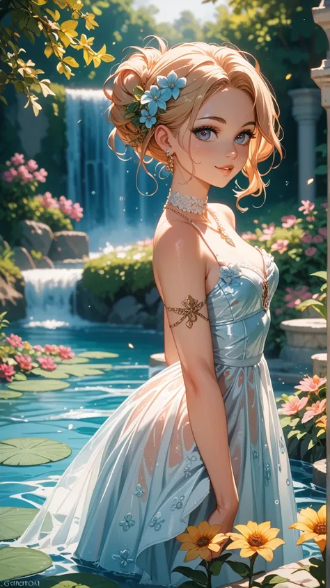 art by Cornflower,  dreamy ( beautiful、A petite girl with beautiful eyes. The depth of field in the photo is perfect,  lens flares create a wonderful atmosphere, {{side:2}}}, Water-soaked dress