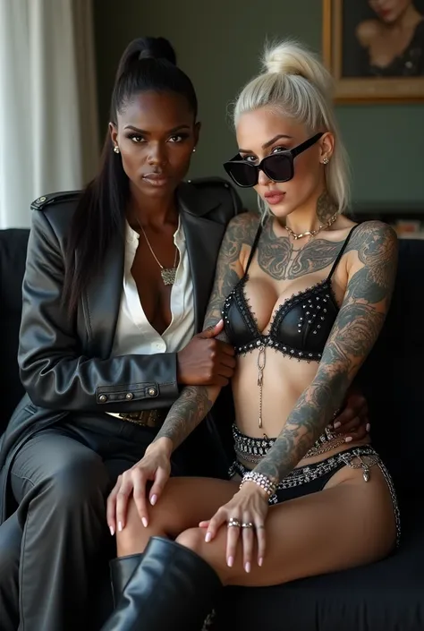 Two russian old milf women: the dominant aggressive dark skinned black woman (serious face) in business suit (dark greY leather trench coat, dark grey leather trousers, white silk blouse, long nails and ponytail, sitting on the center of a black sofa with ...