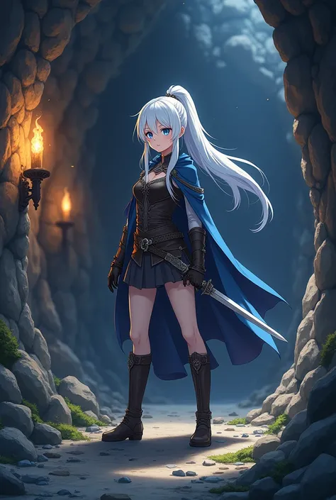 "Anime-style depiction of a 16-year-old young woman in a modern isekai fantasy world. She has long, flowing light gray hair tied into a high ponytail, cascading elegantly down her back with soft strands framing her face and a delicate fringe resting lightl...