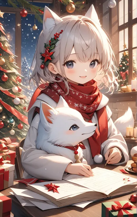   masterpiece :1.2， top quality，        high definition     ，8ｋ，   christmas illustration，Christmas food   ，    white baby fox  ，   A letter with a small red bandana wrapped around the neck  、cute,   Priest  ,      Details，    professional photos ，   happy...