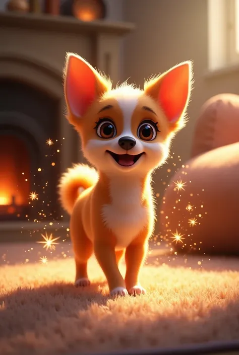 Miracle Milly, the tiny Chihuahua, wags her tail happily while surrounded by animated sparkles. The setting is a cozy living room with a fireplace in the background, soft cushions on the floor, and a warm glow. Bright text on screen reads: “Tiny but mighty...