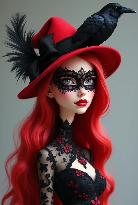 ** 4d caricature with big head , Beautiful realistic woman ,long Christmas tale red and white hair dress,wearing a red hat with a black raven on it,a black ribbon & a big black feather,she is wearing a black &  red lace half mask with a complex pattern , h...