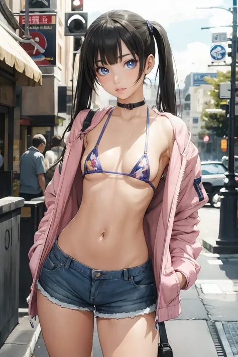 Browsing Caution,(masterpiece, Highest quality, Very detailed, 8k wallpaper, Realistic), 1 girl, Curvaceous yet slender body,Realistic eyes、Anime Face、So embarrassed Im blushing、Lower , Colorful printed micro bikini top　Nipple show, Fleece jacket, low leg ...