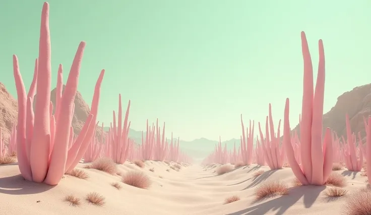 landscape of a desolate desert planet which has a pale pastel green hue. No people. Clear sky. Large pastel pink tentacles of different lengths are growing out of the ground, like plants, all the way from foreground to the distance, the tentacles are smoot...