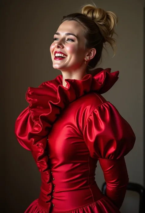 (realistic photograph close up sideways cheerful victorian), (a looking beautiful smiling woman having an orgasm with (messy hair bun)), (she is wearing (an exaggerated elaborate shiny red high neck outfit with (huge puff sleeves), (and a narrow very high ...