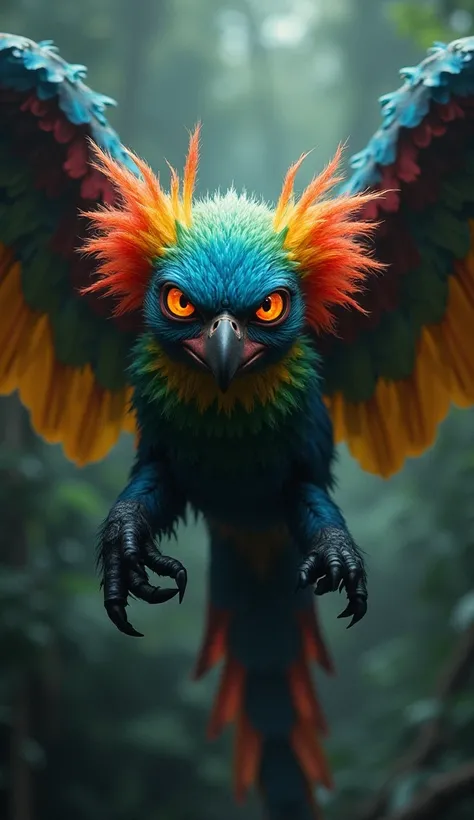 "Design a hybrid creature combining features of the Pygmy Marmoset and the Macaw into a single monstrous entity. This hybrid should have the small, agile body of the Pygmy Marmoset with bright, colorful feathers like a Macaw covering its back and limbs. It...