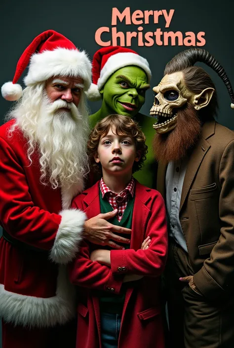 A picture of Santa clause the grinch the boy from home alone and krampus and the skeleton from the night before Christmas the elf from the movie elf all in one picture posing and dressed up as Christmas gangsters with the words merry Christmas above their ...