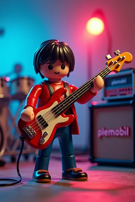 Une image photoréaliste dun playmobil jouant de la basse, avec des couleurs vives et le mot "plemobil" inscrit sur son amplificateur 