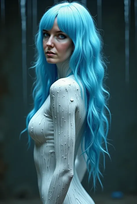 ((( professional photo shoot ))) Wonderful and  ((( surreal image )))  of a beautiful woman with light blue hair, ultra-realistic white color,  dripping down her body ,  paint everywhere ?  dark background .
