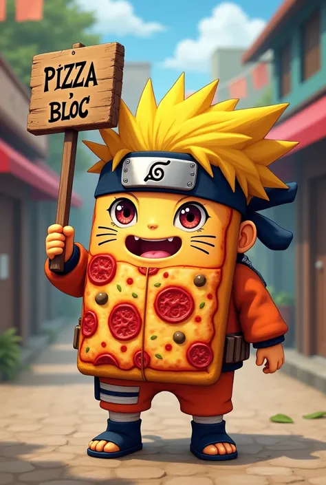 Animated rectangular pizza dressed in Naruto clothes and with a sign on the top that says PIZZA BLOC 