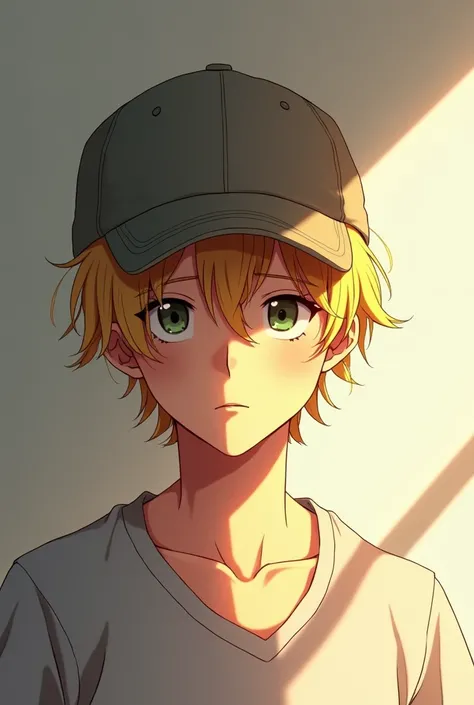 Blond guy with short hair covering his face with a cap, costs ,  a ray from the sun shines on him