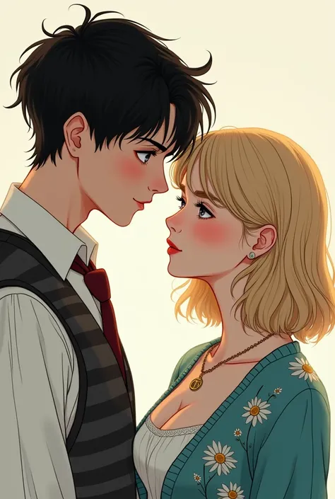 {
  "prompt": "Masterpiece, high quality, exceptional illustration, European art style, couple, 2 people, looking at each other with love and desire. A 20-year-old man with his hair divided vertically: the right side is pure white, and the left side is dee...