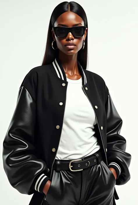 Beautiful african woman in the varsity oversize jacket with black leather sleeves and black dark glasses and white t shirt in the white screen