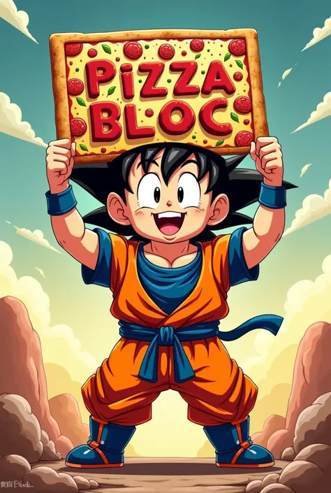 Animated rectangular pizza dressed in Gokus clothes and with a sign on the top that says PIZZA BLOC 