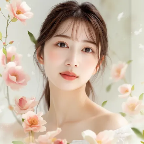 A delicate and artistic portrait of a young Asian woman surrounded by soft pastel blooms, exuding natural beauty and grace. Her smooth, fair skin is complemented by her light brown hair, gently flowing over her shoulders with a few loose strands framing he...