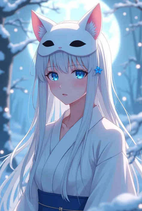  female , anime, white hair, blue eyes,blue  Higanbana hair pins,Long hair straight,snow moon light firefly  blue higanbana background, wear cat mask on head,white  kimono,no cat ears