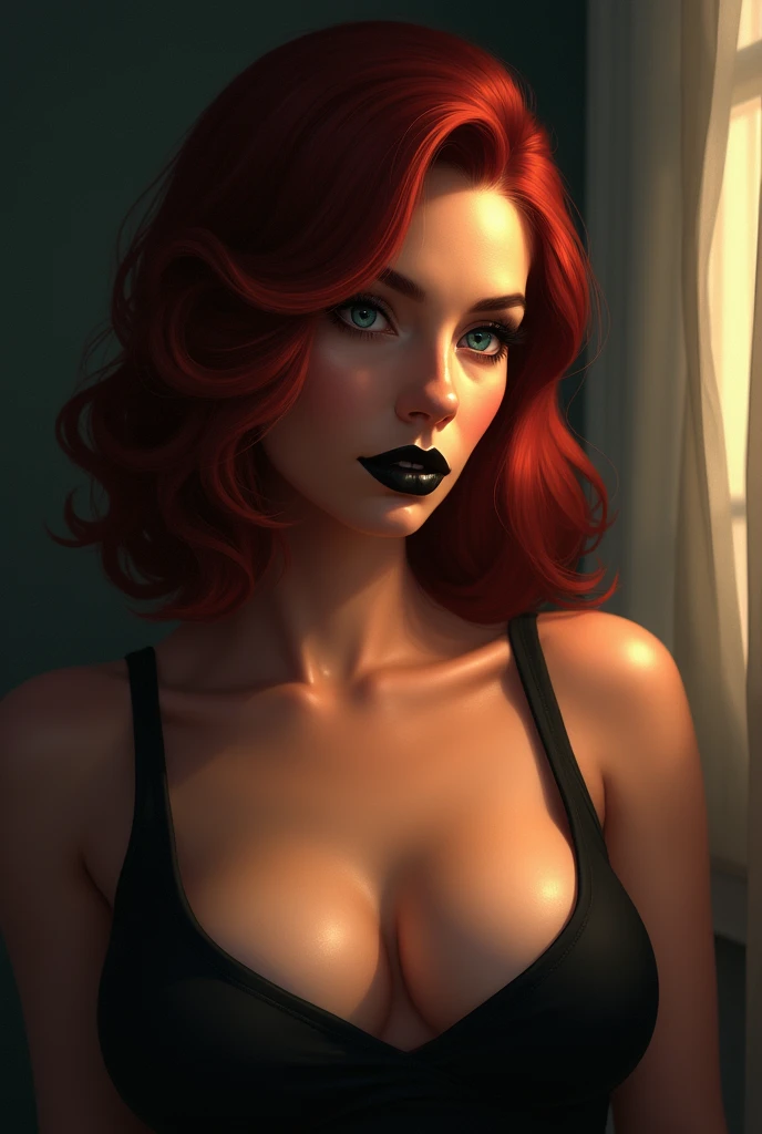  woman in a sleeveless shirt with a large bust, with brown skin, Red hair,  black lips,  sky blue eyes looking to the side ,  with a beam of light that illuminates her face . 