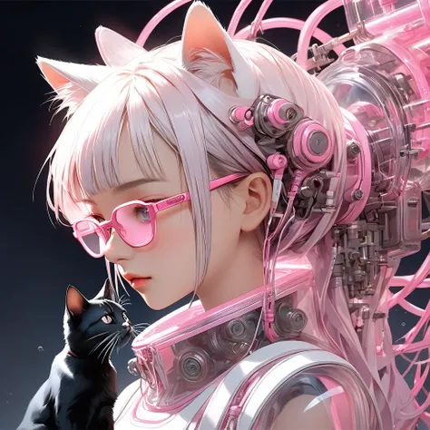 Imaginative、 complex illustration in cyberpunk surreal art style emerging from a large transparent culture tank , 透明な大型培養槽から現れた、 An ether machine girl bust with translucent white short hair and black cat ears that emerged from a large transparent culture t...