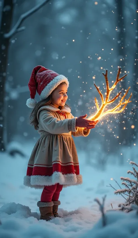 Young girl palying with flying deer horn glowing,snow atmosphere, Christmas hat, dress wearing  background snow  realastic photo high quality, cnimatic lighting dramatic 