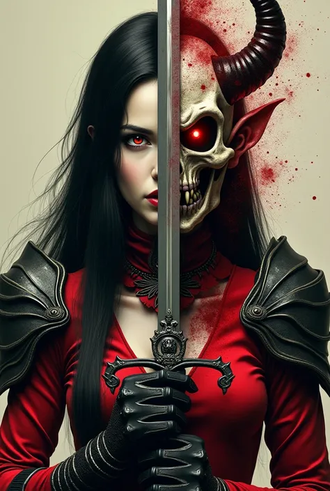 striking and dramatic composition. It depicts a female character with half of her face visible, the other half obscured by a demonic mask. The visible side of her face has pale skin, sharp features, and intense red eyes, with dark hair cascading down. The ...