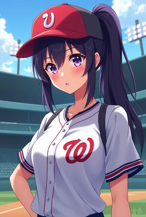 Japanese animation style、 high school girl、Baseball players、 Baseball Cap 、Dark Purple Long Hair、single ponytail、 purple pupils、 full breasts 、From Taiwan、 Team Collection