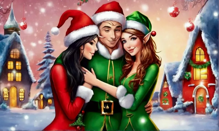 some women (age 25, sexy, sexy outfits Christmas elf, sexy Christmas elves) are deeply in love, they are hugging and kissing intimately, Christmas elves point and gasp in shock, Santas winter wonderland
