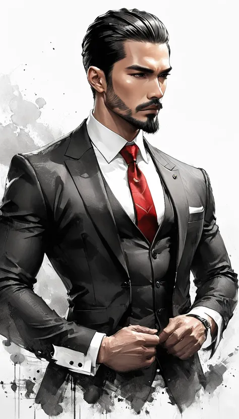 Neo-noir futuristic art style, waist-up, symmetrical shot, a semi-realistic anime-style of man of power. aged 25. Black hair neatly slicked-back, parted left, with slight volume on top, showing a clean line. Warm brown skin, exuding Javanese ethnicity. Age...