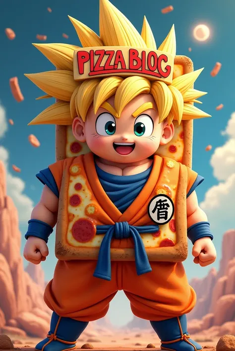 Animated rectangular pizza dressed in Goku Zayayins clothing and with a sign on the top that says PIZZA BLOC 