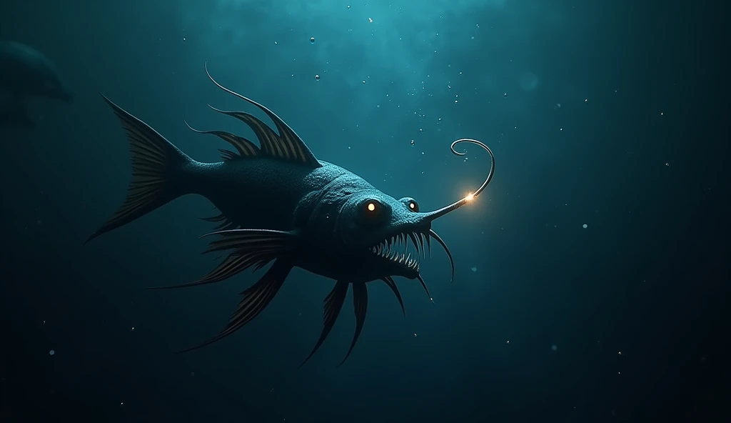 
"A hauntingly beautiful depiction of the anglerfish in the deepest, darkest parts of the ocean, where no natural light exists. The scene is illuminated solely by the anglerfishs glowing lure, which emits an eerie, bioluminescent light. The fish is portray...