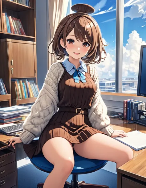 (score_9, score_8_up, score_7_up), source_anime, absurd_res, white, blue, black, a cartoon character is sitting in an office chair looking over at something sitting on a table, 1girl, solo, brown hair, breasts, looking at viewer, smile, sitting, virgin kil...