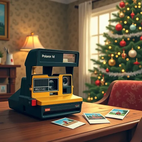 A nostalgic Christmas scene featuring a retro-style room with a beautifully decorated Christmas tree in the background, and a vintage Polaroid camera placed on a wooden table. The tree is adorned with classic ornaments, tinsel, and soft glowing lights that...