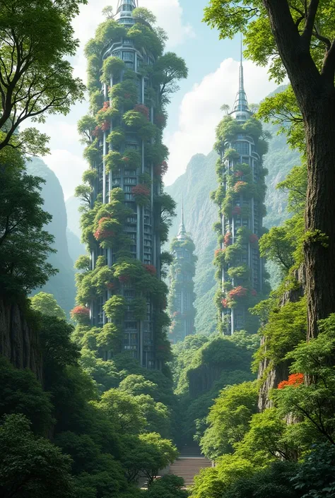 ((forest city)), ((tall Trees)), buildings built with trees besides, ((colorful tree leaf)), no plants in the building, tall buildings
