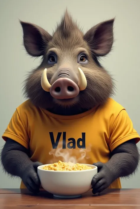  Create a photo of a boar with a T-shirt written on it "Vlad" but the hog must eat porridge 