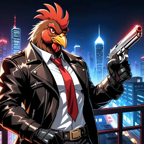 Closeup, comic book art style, an extremely badass anthropomorphic brown rooster wearing an insanely cool black leather biker detective jacket open, white shirt, red necktie, black leather biker gloves, holding a pistol in its left hand, low camera, neon l...