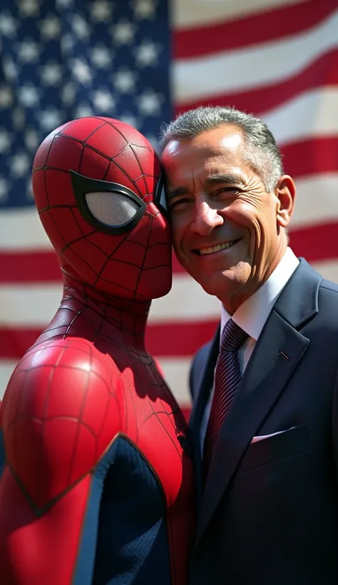 ultra realistic spider-man taking a close up selfie with the president of the United States, american flag in background