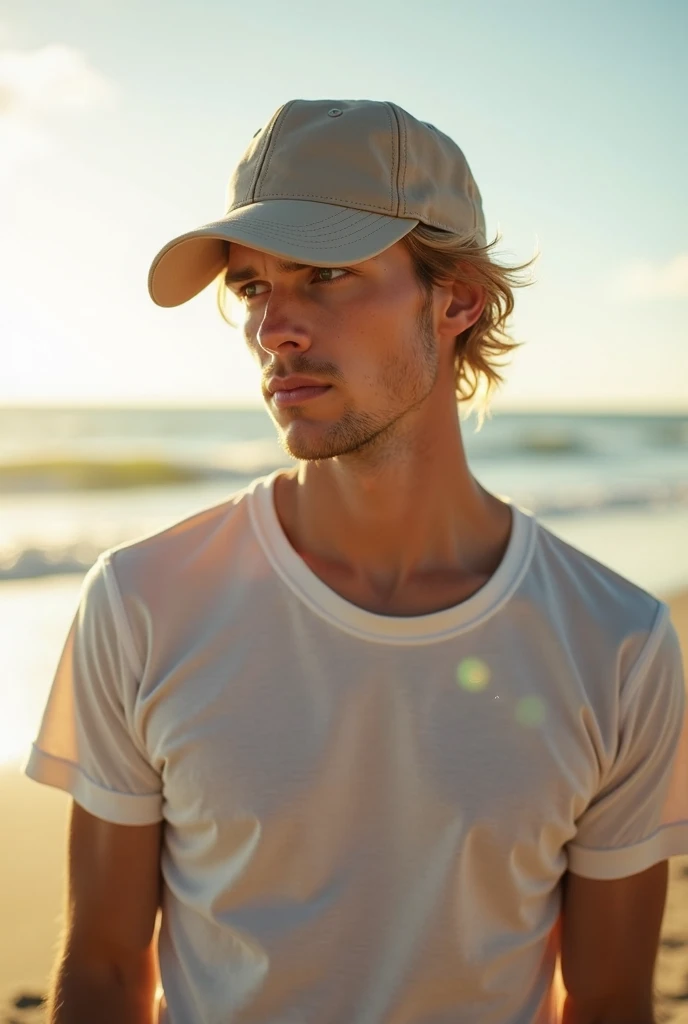 photo. Blond guy with short hair, the face is not visible, it is covered with a cap, a cap ,  dressed in a T-shirt is standing on the beach in the background, the sun is shining 