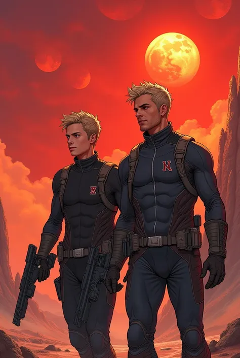 Brothers muscular hunk  Caucasian blond Vaughn Harris aka Awesome Boy 18 years old  and  athletic fit Caucasian blond teen Adrien "Dren" Bierce   patrolling planet Zaylene red sky seven moons Comic book art in the style of Alex Ross 