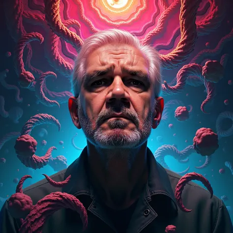 Portrait of a man in a psychedelic style with high contrast cinematic