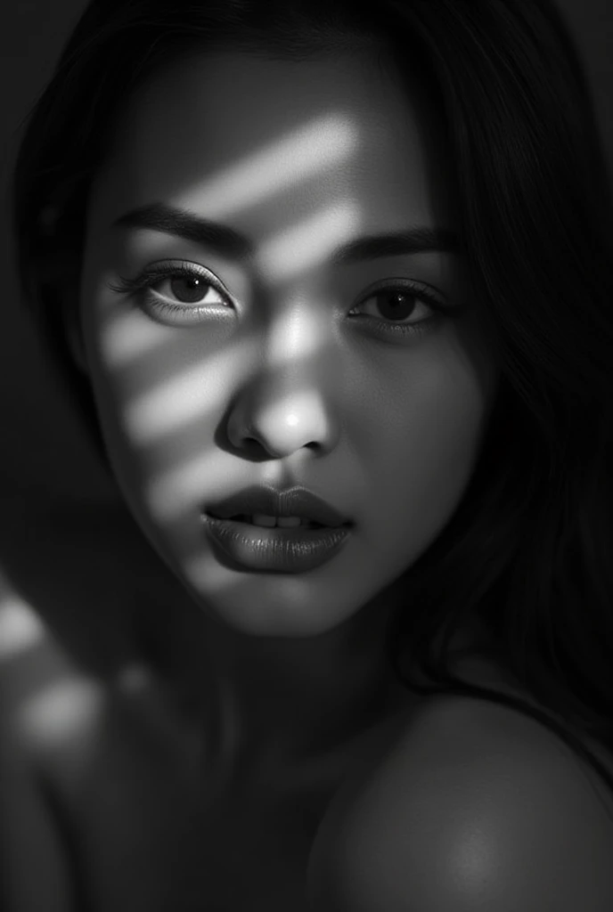 Create a striking black-and-white portrait focusing on the profile of a woman. Use dramatic lighting to cast bold stripes of shadow across her face, emphasizing her features such as high cheekbones, full lips, and long eyelashes. Capture a sense of mystery...