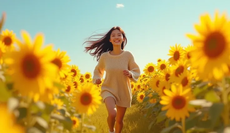 pretty young Asian girl in jumpers running happily in a field of sunflowers