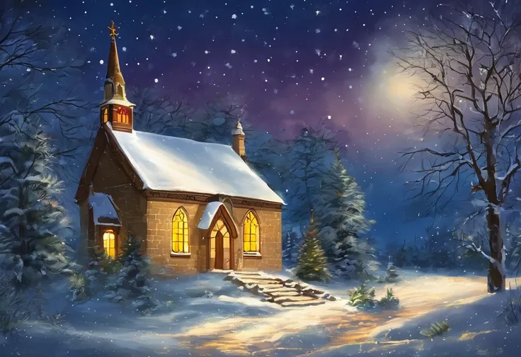  Quiet Night,  Christmas, Snow Scene, small church , Starlight,  romantic,  stained glass , Warm Light, peace,  Cold Air 