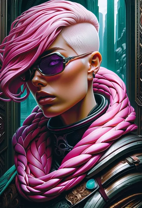 Cyberpunk l close up pink haired female with a white anaconda around her neck, portrait, clear sharp focus, featuring a dark and eerie atmosphere hyper realistic, 8K professional photography art, photorealistic masterpiece: by aaron horkey and jeremy mann:...