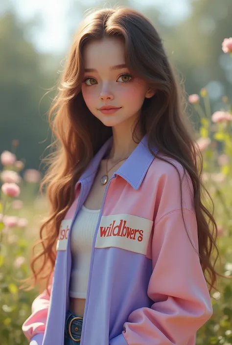 A girl with long brown hair and wearing a half light lavender half pastel pink jacket that says “jowanah wildflowers”