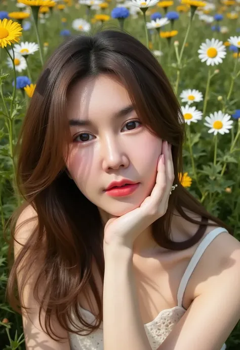 A close up of serene and enchanting scene featuring a beautiful young Asian woman lying in a lush field of vibrant wildflowers. Her dark, silky hair fans out naturally on the grass, blending harmoniously with the vibrant yellow, white, and blue daisies sur...