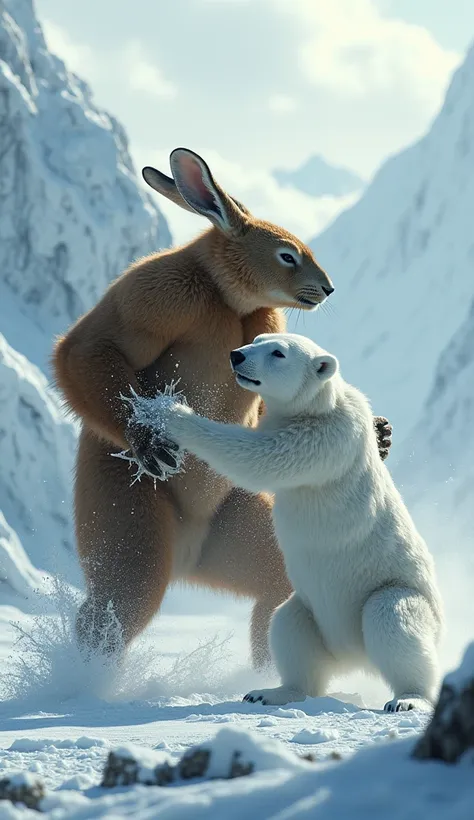 muscular brown hare, 2 meters tall, fights polar bear.on arctic snow