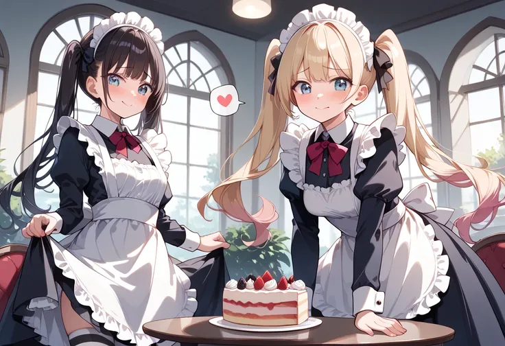 ((masterpiece, best quality, ultra detailed, high resolution, detailed facial description)), (2 girls:1.3, Girls with height differences), (1 girl is tall:1.2, black long hair), (1 girl is short:1.2, twin tails), (maid, maid headdress, maid apron), (mini s...