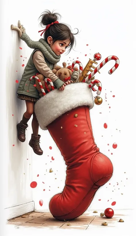 ((ultra ARTISTIC sketch)), (artistic sketch art) A curious  with a messy bun and wide, sparkling eyes is perched on her tiptoes, reaching into a giant Christmas stocking hanging from the mantle. The stocking is hilariously overstuffed, with candy canes, ri...