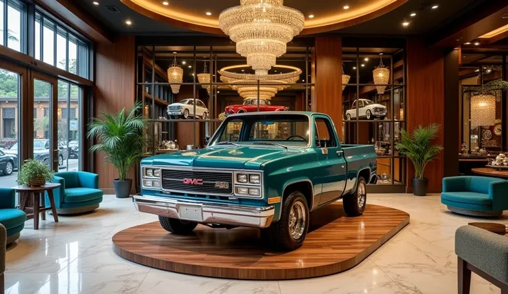 "A luxurious showroom featuring a classic GMC Sierra truck, prominently displayed on a wooden platform with a polished marble floor. The setting includes an elegant chandelier hanging from the ceiling, reflecting warm ambient lighting. The walls are adorne...