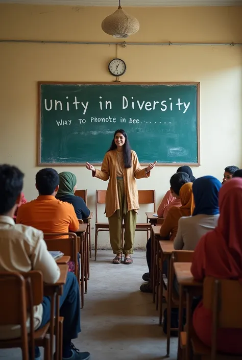 A classroom with diverse students (Hindu, Muslim, Sikh, Christian) sitting together, discussing ways to promote peace. The classroom should have a large poster that reads "Unity in Diversity." The teacher in the front encourages open conversation, symboliz...