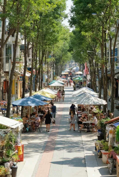 A vibrant pedestrianized street with a middle tree line where people are resting, eating, and socializing under large umbrellas. On both sides of the middle tree line, there are wide pedestrian walkways with people walking and enjoying the space. On the le...